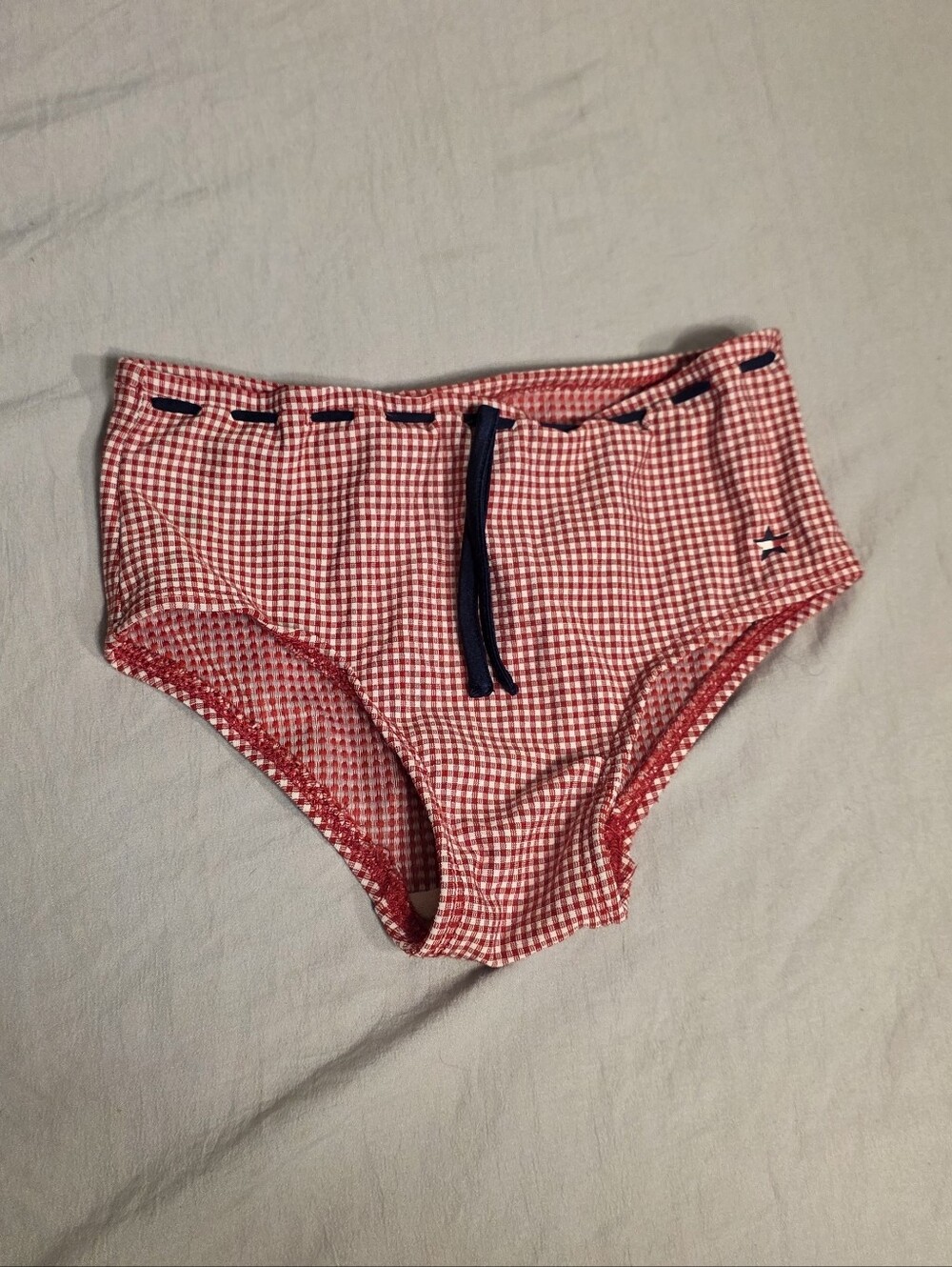 Tommy Hilfiger Red Gingham Kids Swim Bottoms with Navy Drawstring